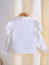 Girls' Fashion Street-Style Chic Collared Puff Sleeve Pearl Vent Form-Fitting Solid Short Shirt, Autumn